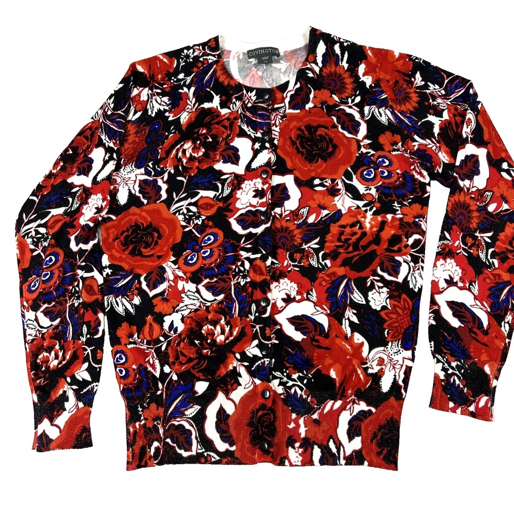 COVINGTON Women L Black Red Blue Floral Cardigan Sweater Full‎ Button Classic